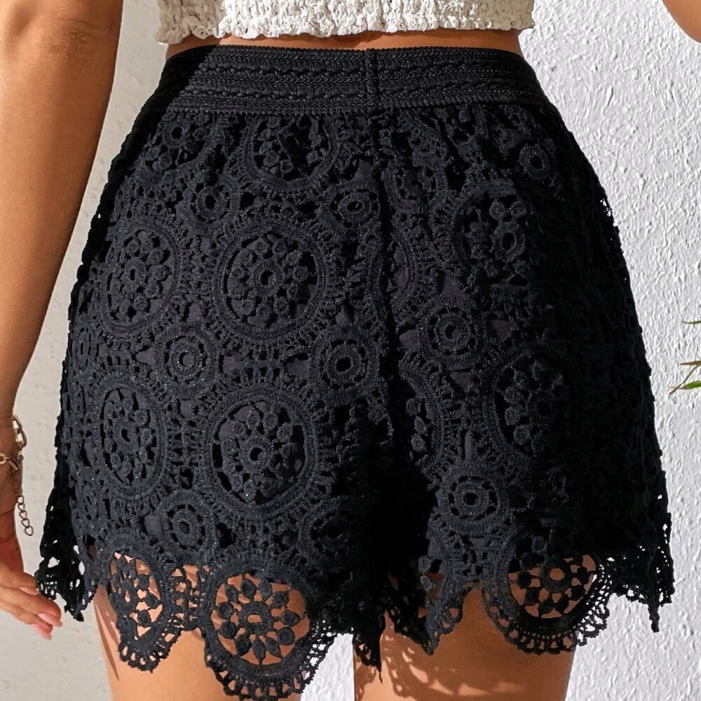 Black Elegant Women's Guipure Lace Overlay Shorts - Picture 2 of 6